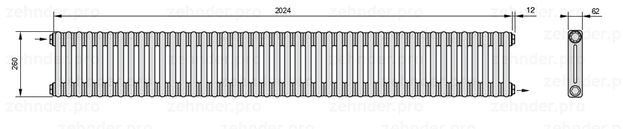 Схема (чертеж) Радиатор Zehnder Charleston 2026/44 №1670 Белый глянцевый RAL 9016